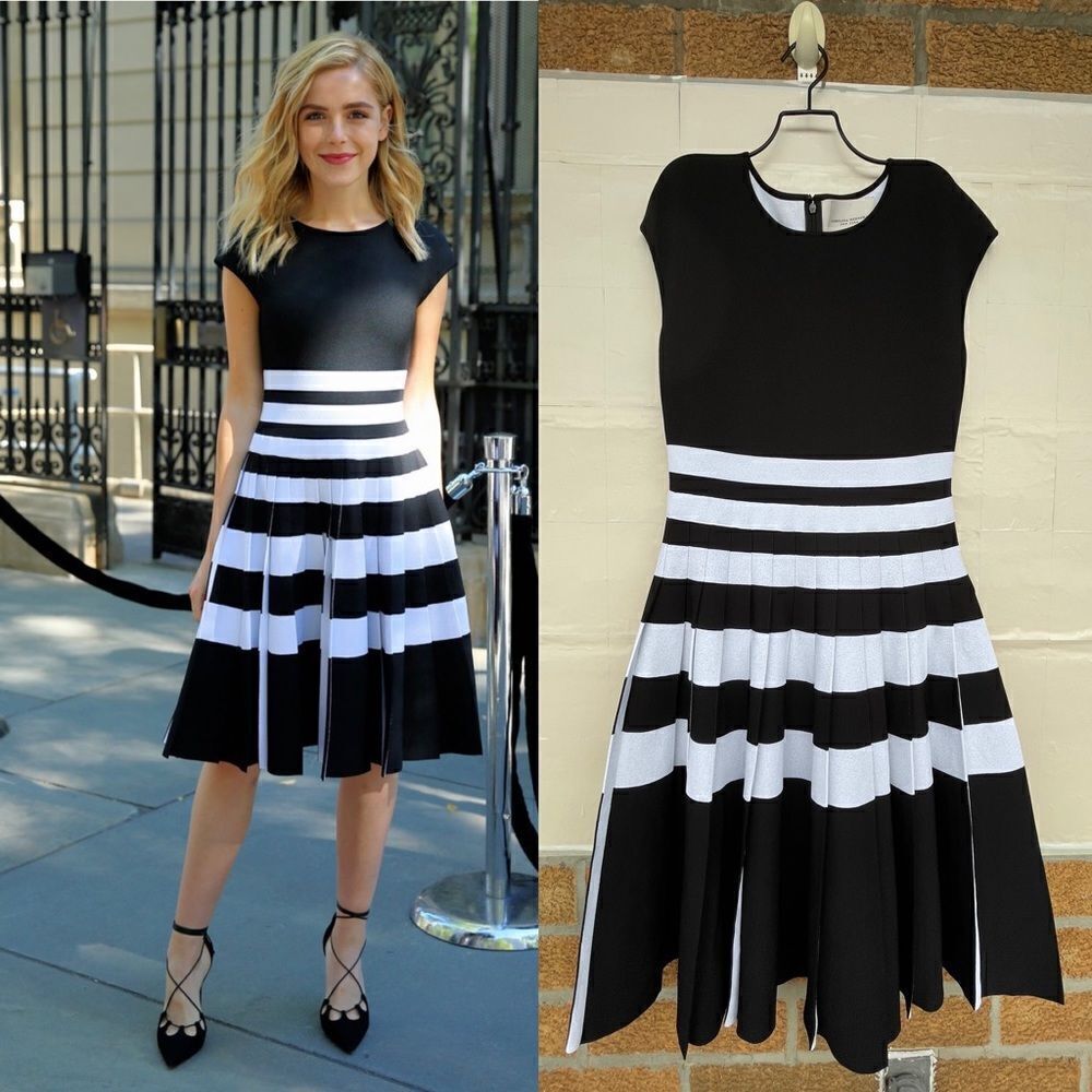 CAROLINA HERRERA Striped Cap-sleeve Pleated Dress size large